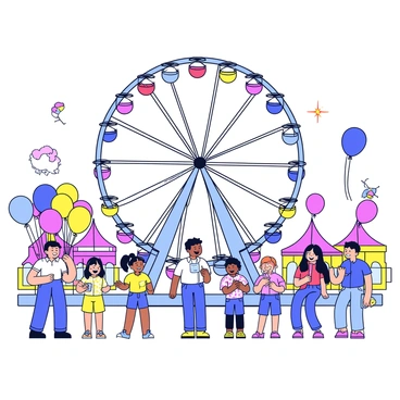 A vibrant carnival scene filled with excitement. In the center stands a large ferris wheel, painted in bright colors with each gondola a different hue. Surrounding the ferris wheel are clusters of colorful balloons, floating in the air. Families are scattered throughout the scene, with children laughing and enjoying various rides. Some children are reaching for balloons while others are waiting in line, their faces filled with joy. Brightly colored tents can be seen in the background, adding to the festive atmosphere.