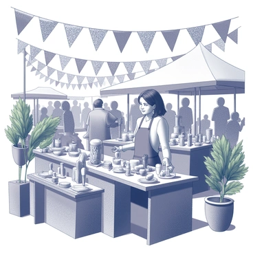 Emma stands behind a stall at a bustling local market, surrounded by a variety of handcrafted wooden creations. The stall is adorned with intricately carved wooden items, such as small sculptures and wooden utensils, each displayed on a neatly arranged table. Emma, with a welcoming smile, is engaging with customers, pointing out details of her craft. The market is filled with people browsing various stalls, creating a lively atmosphere. Colorful bunting hangs above, and lush green plants are placed around to enhance the market's inviting feel. Sunlight filters through, illuminating the details of the wooden textures.