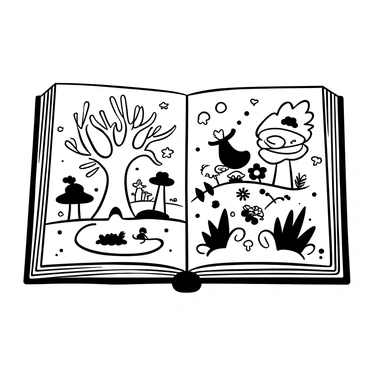 An open children’s book displaying pages filled with detailed black-and-white illustrations representing a magical forest adventure. One page features whimsical trees with twisting branches and unusual shapes. The other page shows a group of playful animals, such as rabbits and squirrels, interacting among oversized mushrooms and flowers. Scattered throughout the pages are imaginative elements like a hidden fairy in a flower and a winding path leading deeper into the forest. The book rests on a rustic wooden table.