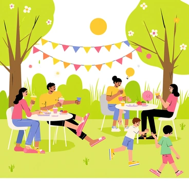 A cheerful garden party taking place in a lush green garden filled with blooming flowers in various colors. Guests are sitting at small round tables, some enjoying drinks in colorful cups while others are snacking on a variety of appetizers displayed on platters. Balloons in bright colors float above the tables, and a banner reading "Welcome to the Party!" is strung between two trees. The sun is shining brightly, casting playful shadows on the grass as children run around, laughing and playing nearby.