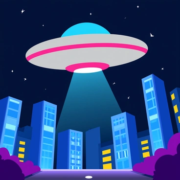 A shiny metallic UFO with bright, colorful lights hovering above a modern city skyline at night. The city is filled with tall glass skyscrapers, each reflecting the city lights and the stars. The UFO emits beams of light that shine down onto the streets below. The night sky is dark and dotted with twinkling stars, enhancing the futuristic atmosphere of the scene. The buildings are illuminated in various colors, showcasing the lively urban environment.