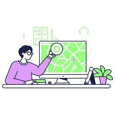 A digital explorer is focused on a computer screen displaying a detailed map of the intranet. The explorer is wearing glasses and has a thoughtful expression. In their left hand, they hold a magnifying glass which they are using to examine the intricacies of the map. Various pathways are depicted on the map, along with small icons representing different digital locations. A desktop computer is positioned on a wooden desk, surrounded by a few open books about digital navigation. A plant sits in the corner, adding a touch of nature to the workspace.