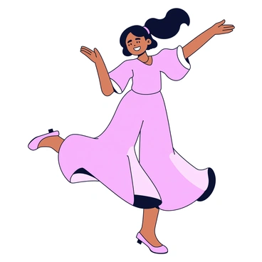 A woman is dancing gracefully in a flowing dress. The dress is a light shade of pink, with layers that billow gently around her as she moves. Her arms are extended elegantly, adding to the sense of motion. The woman's hair flows freely, complementing the rhythm of her dance. The background is a simple, solid color that highlights her joyful expression as she engages in her dance.