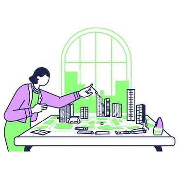 An urban planner is standing in a bright room, closely examining a detailed city model spread out on a large table. The model showcases various skyscrapers with intricate designs, alongside green spaces represented by parks scattered throughout the layout. The planner is leaning over the table, holding a small notepad in one hand while pointing at a specific section of the model with the other hand. Surrounding the model are colorful markers and planning documents, adding to the atmosphere of thoughtful analysis. A large window in the background allows natural light to illuminate the scene.