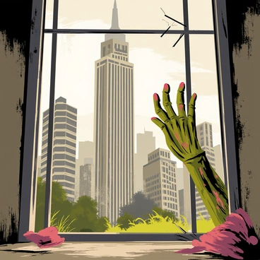 A "zombie hand" with decaying skin and elongated fingers is reaching through a broken window of an "abandoned skyscraper." The skyscraper has shattered glass and rusty metal framing. The background reveals a "deserted city" with crumbling buildings and overgrown vegetation. A dull sky adds to the eerie atmosphere, casting shadows on the scene. Debris is scattered on the ground outside, enhancing the abandoned feel of the environment.