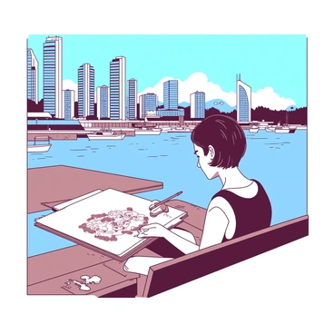 An artist with short brown hair is sitting on a wooden bench by the Vancouver waterfront. The artist is focused on sketching a scenic view of the waterfront, which includes tall modern buildings in the background, the harbor filled with boats, and a clear blue sky above. In front of the artist, there is a large sketchbook resting on their lap, featuring a detailed drawing of the scene. A few art supplies, including pencils and a small eraser, are scattered beside the artist on the bench. The calm water reflects the structures and sky, creating a picturesque atmosphere.