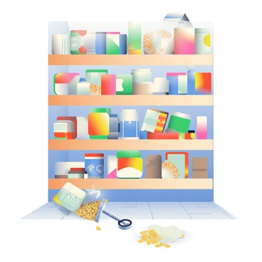 A pantry with wooden shelves is filled with various cans and boxes stacked unevenly. Some boxes are colorful, while others are plain, showing a mix of food items. Several cans are slightly tipped over, and some items have spilled onto the floor, including a few dried pasta strands and a small bag of rice. The floor has a tiled pattern, and the pantry is illuminated by soft overhead lighting, casting gentle shadows on the walls. A metal can opener is resting on one of the shelves, adding to the cluttered atmosphere.