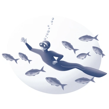 A freediver is positioned underwater, with their body streamlined and arms extended outward for balance. Bubbles gently rise from their mouthpiece, creating a trail in the clear water. The diver has a sleek wetsuit fitted closely to their body, allowing for easy movement. Surrounding them are several schools of fish, varying in size and shape, swimming in unison. The fish create an intricate pattern, reflecting the light filtering through the water above. The overall scene conveys a sense of fluid motion and harmony within the underwater world.