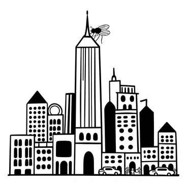 A fly with detailed wings perched on the pointed top of a skyscraper. The skyscraper is towering over a busy cityscape filled with numerous smaller buildings, creating a sense of scale. Below, cars can be seen moving on the streets, and groups of people are interacting on sidewalks. The city is filled with a variety of architectural styles, showcasing a mix of modern and traditional designs.