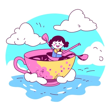A small character with a cheerful expression is rowing a boat in a giant floating teacup. The teacup is detailed with intricate floral patterns and is filled with a vibrant liquid. The character is wearing a colorful outfit and has a small hat, gripping the oars tightly. Surrounding the teacup are fluffy white clouds and a bright blue sky, creating a whimsical atmosphere. The boat is gently bobbing on the surface of the liquid, with ripples emanating outward.