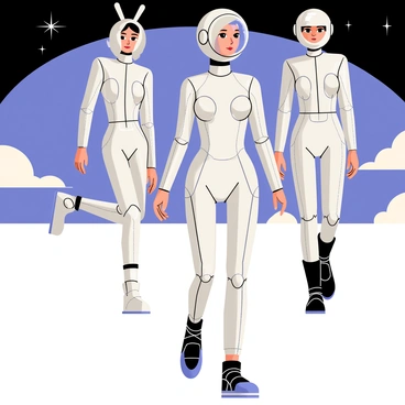 A fashion collection designed for interstellar travel features outfits with sleek, aerodynamic lines. The collection includes a form-fitting jumpsuit in metallic silver with reflective surfaces and streamlined patterns. Accessories include a matching helmet with a transparent visor and elegant lines that enhance aerodynamics. Footwear consists of futuristic boots with cushioned soles and dynamic shapes. The runway backdrop showcases a starry sky, emphasizing the theme of space exploration.