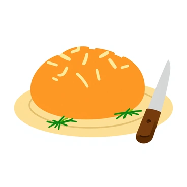 A round loaf of freshly baked bread with a golden-brown, crunchy crust. The surface of the bread has small, irregular cracks and features glistening anchovies baked into the crust, their silvery sheen visible against the darker bread. The loaf is placed on a light wooden cutting board, with a few sprigs of fresh herbs, like rosemary and thyme, scattered around it. A small knife with a wooden handle is placed beside the bread, ready for slicing.