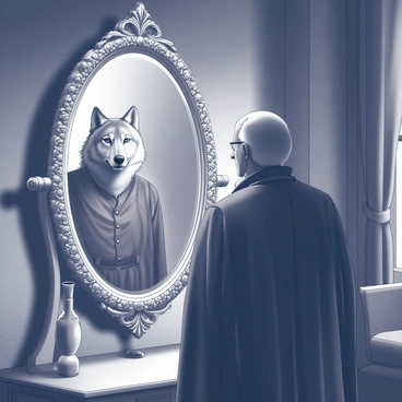A nobleman dressed in an ornate outfit stands before an intricately carved mirror. His posture is regal as he gazes into the reflective surface. The setting is dimly lit, creating an air of mystery. In the mirror's reflection, instead of his own image, a shadowy figure of a wolf looms behind him, its features indistinct yet imposing. The nobleman's expression is one of surprise and contemplation, hinting at a connection between his image and the presence of the wolf. The surrounding decor includes rich fabrics and antique furnishings, enhancing the atmosphere of wealth and intrigue.