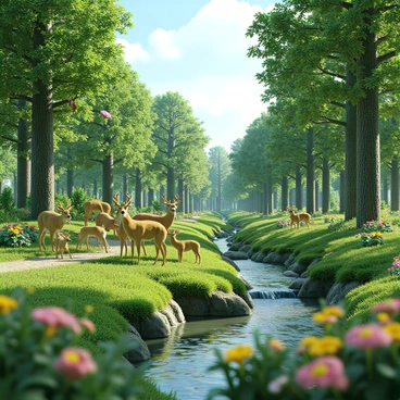 A lush, vibrant forest teeming with life, where various animals and plants thrive together. In the foreground, a family of deer grazes peacefully on the green grass, while colorful birds perch on the branches of tall trees. A clear, flowing stream winds through the scene, with fish swimming beneath the surface. Wildflowers in various colors bloom at the base of the trees, adding splashes of color to the greenery. A gentle breeze rustles the leaves overhead, creating a sense of tranquility and balance in this thriving ecosystem.