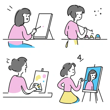 A storyboard consisting of four frames depicting the process of creating a self-portrait. The first frame shows an artist, a young woman with long brown hair, sitting at a wooden table with a blank canvas and a set of paints. The second frame captures her sketching the outline of her face on the canvas with a pencil, an expression of concentration on her face. The third frame illustrates her painting the self-portrait with vibrant colors, mixing paint on a palette. The final frame displays the completed self-portrait on the easel, showcasing a colorful and expressive image of her face, with the artist admiring her work. Each frame is bordered and labeled with numbers 1 to 4.
