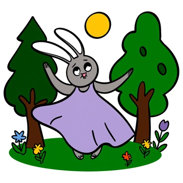 A rabbit girl with fluffy white ears and a soft, gray fur body is dancing joyfully under the bright moonlight in a forest glade. She has big, expressive eyes and wears a flowing lavender dress that sways with her movements. The surrounding trees have dark green leaves, and soft, dappled light filters through, creating a magical atmosphere. The ground is covered with lush grass and colorful wildflowers, adding to the enchanting scene. The moon shines brightly overhead, casting gentle shadows around her as she twirls with delight.
