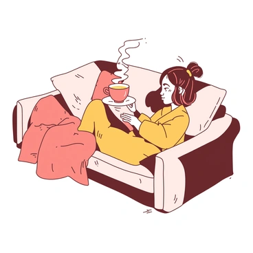 A cozy scene featuring a young girl lounging comfortably at home. She is wearing oversized, chunky knitwear in a soft texture, with her sleeves rolled up slightly. The girl is seated on a plush, neutral-toned sofa, her legs tucked beneath her. In her hands, she gently cradles a steaming cup of tea, with wisps of steam rising into the air. Surrounding her are warm pillows and a soft blanket draped across the sofa. The room has warm lighting, creating a welcoming atmosphere.