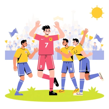 A group of four soccer players celebrating a goal on the field. The central figure, a player with a distinctive hairstyle, is raising his arms in excitement, while wearing a bright red jersey with the number "7" on it. His teammates are surrounding him, with one player jumping up in the air, clapping his hands, and another giving a high-five. The background features a cheering crowd with waving flags and banners, creating a lively atmosphere. The grass beneath their feet is vibrant green, and the sun is shining down on the field, highlighting the joyful moment.