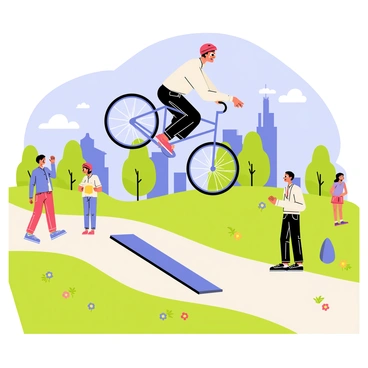 A cyclist in a bright red helmet is performing a stunt on a sleek blue sports bike. The cyclist is airborne, showcasing an exciting trick with the bike's front wheel lifted high off the ground. Below, the urban park features green grass and scattered colorful flowers. In the background, there are tall buildings and trees lining the park's pathway. A few spectators, including children and adults, are watching with expressions of amazement. Bright blue sky with a few fluffy white clouds completes the scene.