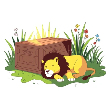 A yellow lion is resting peacefully beside a large ornate Ark of the Covenant. The Ark features intricate designs and is placed on the lush green grass of the savannah. Sunlight filters through the trees, casting soft shadows around the scene. The lion has its eyes closed, lying comfortably with its paws extended in front of it. Tall grasses sway gently in the warm breeze, and a few colorful wildflowers are scattered around the area, adding to the serene atmosphere.