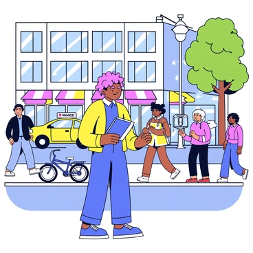 An artist with curly hair is standing on a busy street corner, holding a sketchbook and drawing tools. Surrounding the artist are tall buildings with large windows reflecting the sunlight. Pedestrians of diverse backgrounds walk by, some stopping to chat. A yellow taxi cab drives past, and a bicycle leans against a streetlamp nearby. Trees with green leaves line the sidewalk, and colorful storefronts can be seen in the background. The artist has a focused expression, immersed in capturing the lively atmosphere of the urban landscape.