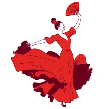 A red flamenco dancer is striking a dramatic pose, the flowing fabric of her dress cascading around her. She holds a vibrant white fan in her right hand, which is elegantly opened and displayed. Her left arm is raised gracefully above her head, accentuating the intricate movements of her performance. The dancer's hair is styled in an elegant updo, adorned with a small red flower. The background is simple, allowing the focus to remain on the dancer and her dynamic pose.