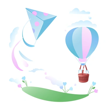 A colorful kite with a long tail is soaring high in the sky, its fabric displaying vibrant patterns. Nearby, a large hot air balloon is floating gently, featuring a round, multicolored canopy and a wicker basket hanging below. The sky is filled with soft, fluffy clouds, and the sunlight creates a warm atmosphere. The breeze is evident as the kite dances playfully in the air, while the hot air balloon maintains a steady ascent. The landscape below is dotted with green fields and patches of wildflowers, adding a splash of color to the scene.
