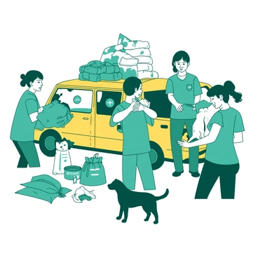 A group of volunteers is tending to several animals in need, showing compassion and care. One volunteer is gently holding a small, injured dog while another is providing water to a thirsty cat. In the background, there is a yellow van parked, filled with an assortment of supplies, including bags of pet food and first aid kits. The volunteers are wearing matching teal shirts, and their expressions reflect determination and kindness as they focus on the animals.