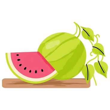 A vibrant red watermelon slice with a smooth, shiny surface sits on a rustic wooden table. The slice has small black seeds scattered throughout its juicy flesh. Next to it, a large, round green watermelon is resting on a lush green vine, with its patterned rind glistening under the sunlight. The vine is covered in large, green leaves, and a few tendrils are curling around the nearby supports. The setting portrays a fresh summer scene.