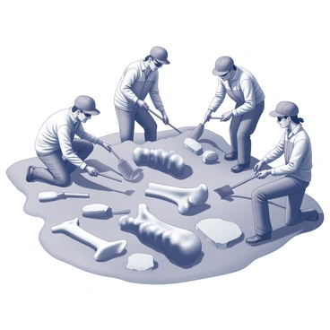 A group of archaeologists is carefully excavating a site filled with layers of earth. They are using brushes and tools to uncover dinosaur fossils, revealing large bones partially embedded in the ground. The archaeologists wear protective gear, including gloves and hats, focused on their task. Surrounding them are tools such as shovels and picks, with some larger bones prominently displayed on the surface. The area has a rugged texture, showcasing various earth tones in the exposed soil and rock formations.