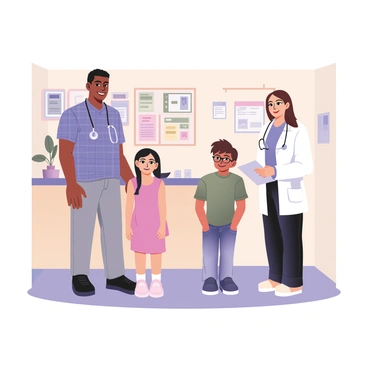A family of four is standing in a bright clinic for a routine health check-up. The father is on the left, with medium skin and short black hair, wearing a blue plaid shirt and gray pants. The mother is on the right, with light skin and long brown hair tied back, dressed in a white blouse and dark jeans. Between them are two children; a young girl with medium skin and curly hair, wearing a pink dress, and a boy with light skin and short hair, dressed in a green t-shirt and denim shorts. In front of them stands a smiling doctor with dark skin, wearing a white coat and glasses, holding a clipboard. The clinic has colorful posters on the walls and a potted plant in the corner, contributing to a welcoming atmosphere.