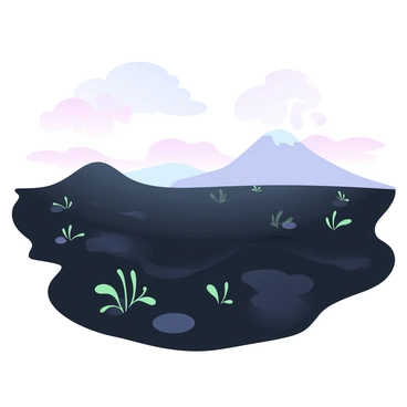 A landscape covered in thick layers of dark volcanic ash stretches across the scene. Small patches of green plant growth are breaking through the ash, with young leaves and delicate stems emerging from the sediment. The ground is uneven, with small mounds and craters formed by the volcanic activity. In the distance, a silhouette of a dormant volcano rises, partially shrouded in wispy clouds. The sky above is a soft gradient of pastel colors, transitioning from light lavender to pale peach, creating a stark contrast with the dark ground.