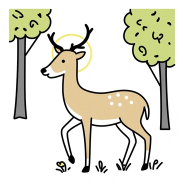 A deer standing gracefully in a forest clearing. The deer has a light brown coat with white spots, and its antlers are prominent with a golden halo effect surrounding them. Tall trees with green leaves form a backdrop, filtering sunlight that creates dappled patterns on the forest floor. Small ferns and wildflowers grow around the base of the deer, enhancing the natural setting.