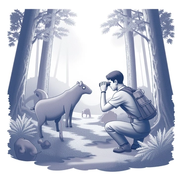 A wildlife researcher is crouched on the forest floor, intently observing animals through a pair of binoculars. The researcher wears a rugged outfit suitable for outdoor exploration, complete with a utility vest filled with tools. Surrounding them is a dense forest with tall trees, their trunks thick and gnarled, and a lush undergrowth filled with various plants and ferns. Sunlight filters through the leafy canopy above, casting intricate shadows on the ground. In the distance, several animals can be seen moving about, blending harmoniously into their natural habitat.