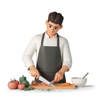 A chef, wearing a white chef's coat and a black apron, is standing at a wooden cutting board. He is focused on chopping fresh vegetables, including bright red tomatoes, green bell peppers, and orange carrots. The vegetables are neatly arranged around him, with a bowl awaiting the ingredients nearby. The chef is holding a sharp knife, and there is a sprinkle of herbs on the cutting board, adding vibrant colors to the scene. The kitchen is well-lit, emphasizing the freshness of the vegetables and the chef's concentration.
