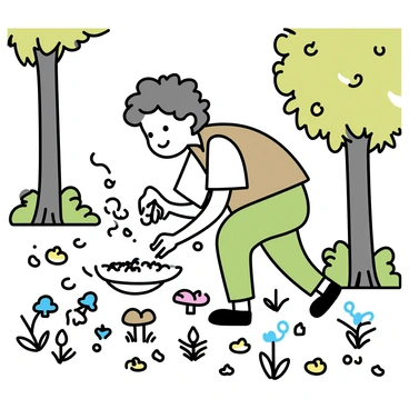 A hobbit bending down to gather mushrooms in a sun-dappled forest clearing