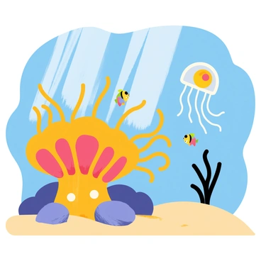 An underwater scene with a vibrant orange anemone anchored to a rocky sea bed. The anemone has long, flowing tentacles swaying gently in the water. A translucent jellyfish with a glowing bell drifts gracefully nearby, its tentacles trailing behind it. Sunlight filters through the water's surface, creating shimmering patterns on the sandy floor. Small colorful fish swim around the anemone, adding liveliness to the scene.