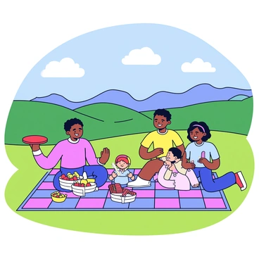 A family of four is sitting on a checkered picnic blanket spread out on a lush green mountain meadow. They are enjoying a variety of foods displayed in picnic baskets, including sandwiches, fruits, and snacks. The parents are smiling while the two children play with a bright red frisbee nearby. In the background, there are rolling hills and distant mountains beneath a clear blue sky. A few fluffy white clouds are scattered across the sky, adding to the cheerful atmosphere.