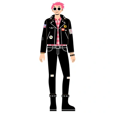 A punk rock outfit consisting of a black leather jacket adorned with silver studs. The jacket features several patches depicting bands and symbols. The ensemble includes a plaid shirt underneath, with the sleeves rolled up. The outfit is complemented by black skinny jeans and studded bracelets on the wrists. Black combat boots are worn on the feet, and a spiked belt cinches the waist. A pair of round sunglasses rests on the head, adding to the punk aesthetic.