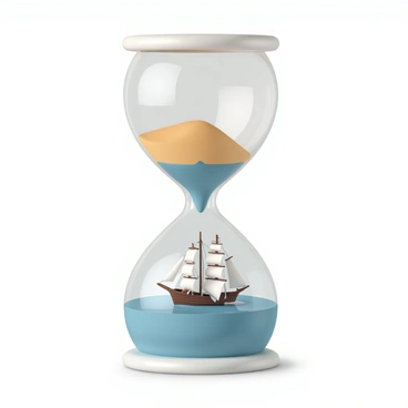 A miniature ship sailing inside an hourglass filled with blue water