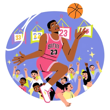 A dynamic poster featuring "Michael Jordan" soaring mid-air, wearing a red basketball uniform with the number "23" visible on the front. His expression shows focus and determination as he reaches for the basketball, which is just above his outstretched hand. The background showcases a cheering crowd with colorful team banners and flashing lights, emphasizing the excitement of the moment. Shadows and highlights accentuate his muscular physique and the movement of his jersey. The scene captures the intensity and energy of a game-winning move, making it a captivating visual.