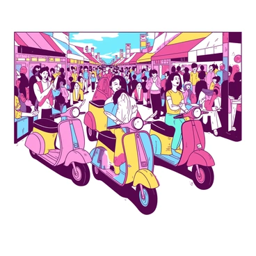 Decorated scooters parading through a lively street festival with cheering crowds