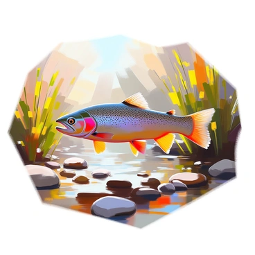 An underwater scene featuring a brown trout swimming gracefully through a lush environment. The trout has a speckled brown and gold body, with its fins gently moving as it navigates. Surrounding the fish are various river plants, including tall green grasses and delicate aquatic foliage swaying with the current. The riverbed is covered with smooth pebbles of various sizes and shades, creating a natural mosaic. Sunlight filters down from the surface, casting dappled patterns of light on the scene below.