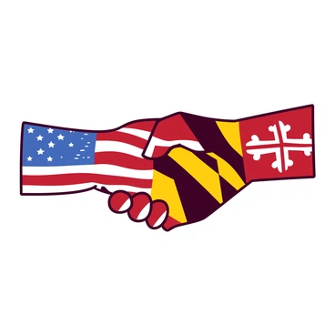 Two hands are shaking tightly, one wearing a glove designed with the "U.S. flag" pattern, showcasing red and white stripes along with blue stars. The other hand is adorned with a "Maryland flag" glove, displaying its distinctive black, yellow, red, and white colors. The background is neutral to emphasize the vibrant colors of the gloves. The hands are positioned in the center of the image, symbolizing unity and friendship.