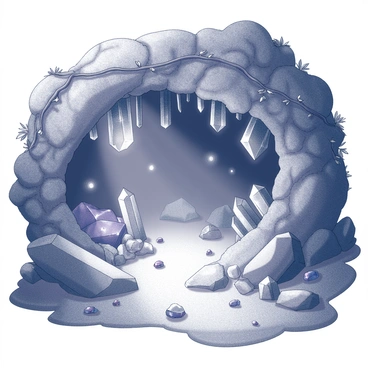 A hidden cave nestled within a dense forest. The entrance is framed by overhanging vines and moss-covered rocks. Inside the cave, various crystals and gems emerge from the walls, reflecting light in intricate patterns. The crystals exhibit sharp edges and distinct shapes, creating a mesmerizing display. The ground is uneven, scattered with smaller stones and clusters of gems that catch the light. Shadows play across the cave's surface, enhancing the depth and texture of the scene.