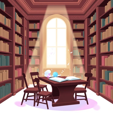 An ancient library features towering bookshelves filled with countless old books. The shelves stretch high towards a wooden ceiling, showcasing intricate carvings. In the center, there is a sturdy reading table made of dark wood, surrounded by several wooden chairs. A brilliant sunbeam is streaming through a tall, arched window, casting a warm light onto the table, highlighting a few open books and a small globe. Dust particles dance in the sunlight, creating a serene atmosphere in this scholarly space.