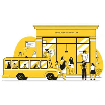 A yellow tour bus parked outside a large art gallery with glass doors and a grand entrance. The gallery facade features tall windows showcasing vibrant artwork. A group of art enthusiasts, including men and women of various ages, stand in front of the bus, smiling and chatting. Some are carrying sketchbooks and cameras, while others hold brochures. The scene is lively, with a few people already stepping through the gallery doors, ready to explore the exhibits inside.