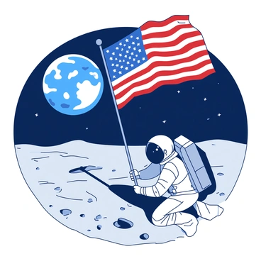 An astronaut wearing a white space suit is adjusting a large "American flag" that is planted firmly in the moon's surface. The astronaut is kneeling next to the flag, with one hand on the pole and the other holding the fabric to ensure it flies smoothly in the low gravity. The moon's surface is a dusty gray, scattered with small rocks and craters around the area. In the background, the Earth is visible as a vibrant blue and white sphere hanging in the blackness of space.