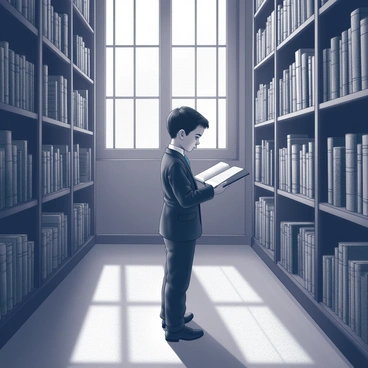 A young boy with slicked-back dark hair is standing in a vast library. He is dressed in formal clothing typical of early 20th century style. Surrounding him are tall bookshelves filled with ancient books, their spines worn and dusty. The atmosphere is thick with dark shadows, creating an air of mystery. Dim light filters in from a large window, casting intricate patterns on the wooden floor, while the boy gazes intently at an open book in his hands, revealing his fascination with the knowledge contained within.