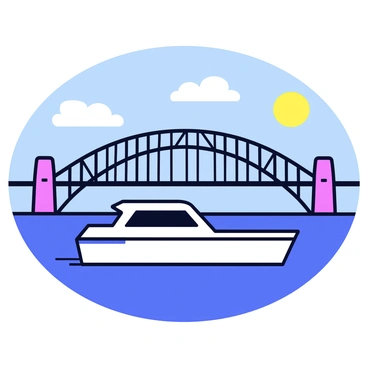 A ferry with a white hull and bright blue accents is moving gracefully through the water. The Sydney Harbour Bridge looms above, its steel arches forming a prominent silhouette against the sky. The sun is shining brightly, casting light reflections on the water's surface. In the background, there are a few fluffy white clouds scattered across a clear blue sky. The scene captures the essence of a lively afternoon by the iconic landmark.